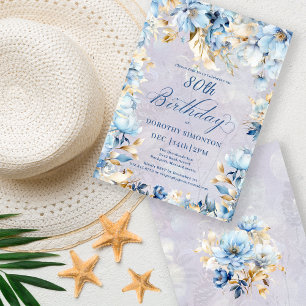 Invitation Aquarelle bleu clair 80e anniversaire Floral