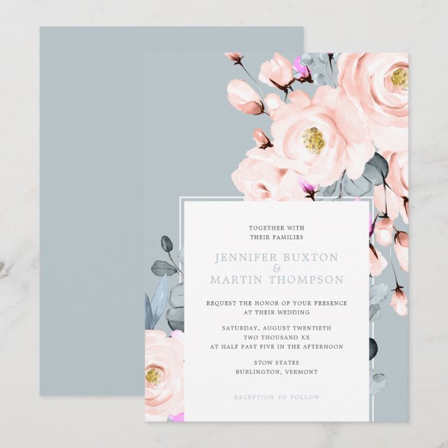 Invitation Aquarelle bleu clair et poussiéreuse Mariage flora (Devant / Derrière)