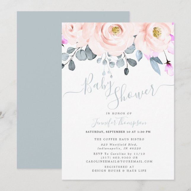Invitation Aquarelle bleu clair et poussiéreux Baby shower fl (Devant / Derrière)