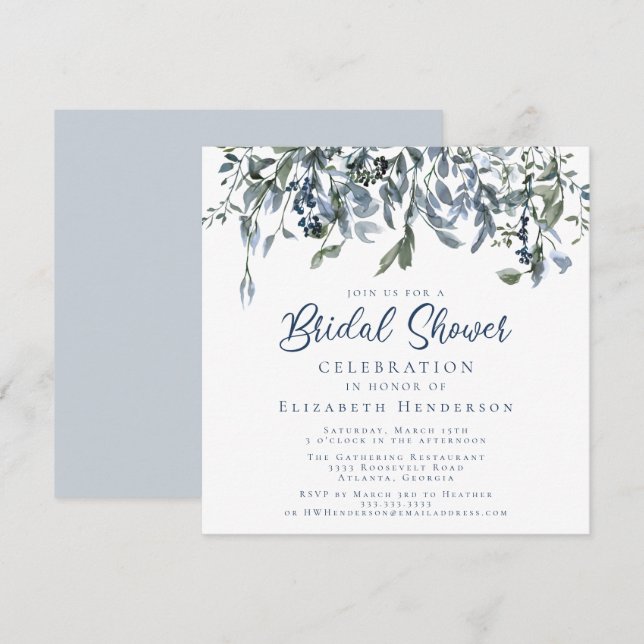 Invitation Aquarelle bleu clair simple Fête des mariées flora (Devant / Derrière)