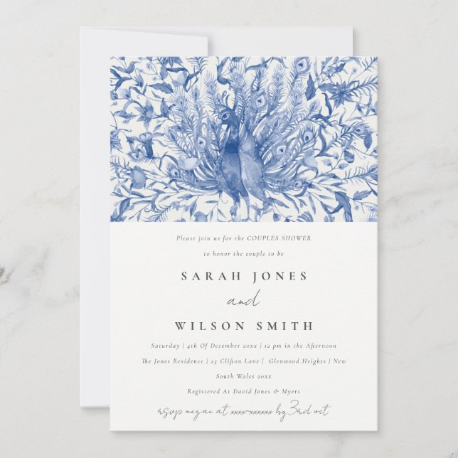 Invitation Aquarelle bleu classique Peacock Couples Douche (Devant)