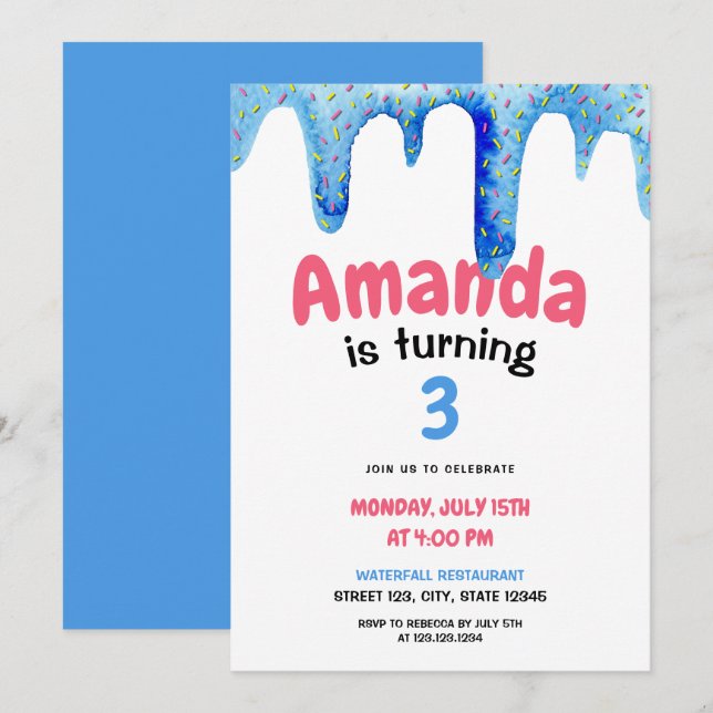 Invitation Aquarelle Bleu Crème de glace Drithday (Devant / Derrière)