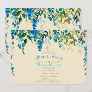 Invitation Aquarelle bleu crème Fête des mariées fleurs flora