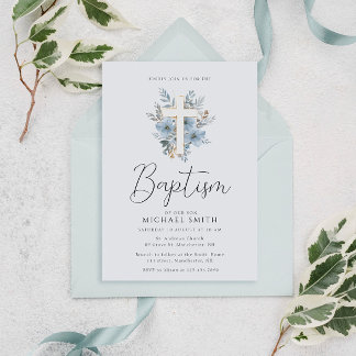 Invitation aquarelle bleu croix florale baptême