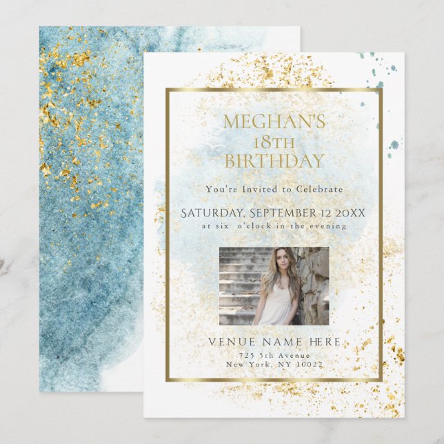 Invitation Aquarelle bleu Denim Anniversaire Age Photo Cadre (Devant / Derrière)
