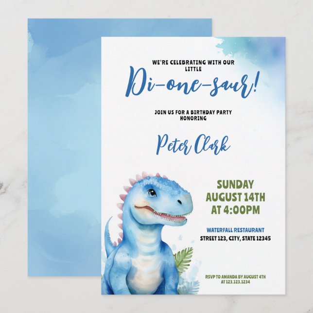 Invitation Aquarelle Bleu Dinosaure Bébé Garçon 1er anniversa (Devant / Derrière)