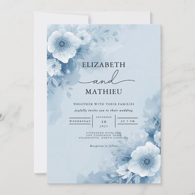 Invitation Aquarelle bleu doux Mariage (Devant)