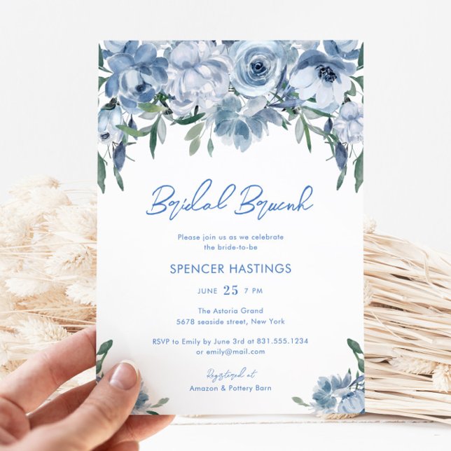 Invitation Aquarelle Bleu Duché Fête des mariées de Brunch Fl (Créateur téléchargé)