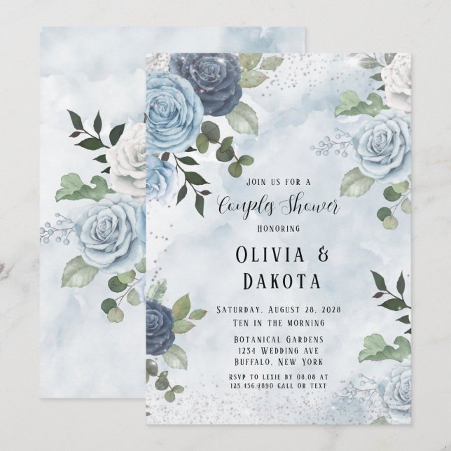 Invitation Aquarelle bleu Dusty Couples Floraux Rustiques Dou (Devant / Derrière)