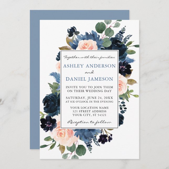 Invitation Aquarelle bleu Dusty et Mariage rose (Devant / Derrière)