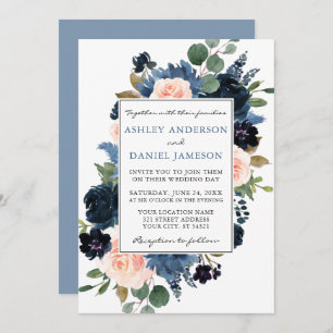 Invitation Aquarelle bleu Dusty et Mariage rose