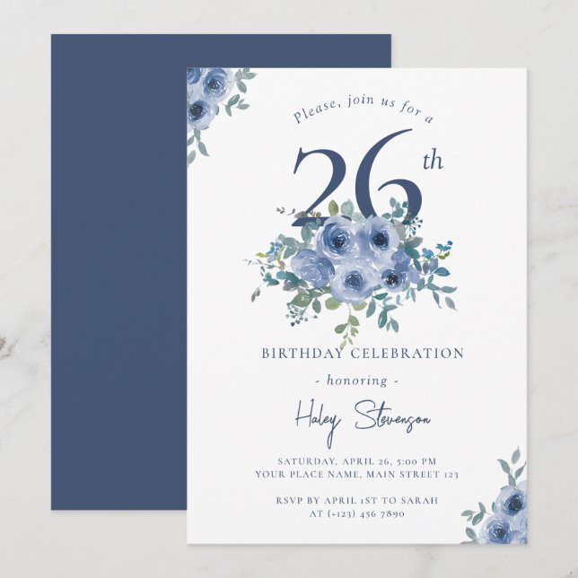 Invitation Aquarelle Bleu Dusty Floral 26e Anniversaire Chic (Devant / Derrière)
