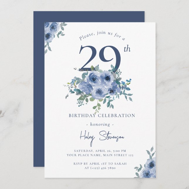 Invitation Aquarelle Bleu Dusty Floral 29e Anniversaire Chic (Devant / Derrière)