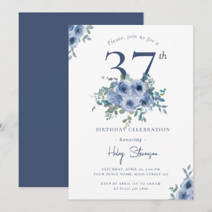 Invitation Aquarelle Bleu Dusty Floral 37e Anniversaire Chic