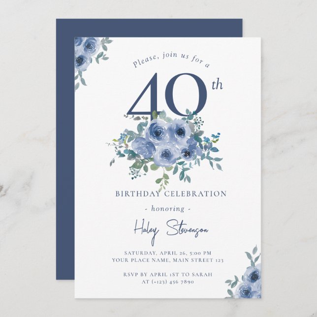 Invitation Aquarelle Bleu Dusty Floral 40e Anniversaire Chic (Devant / Derrière)