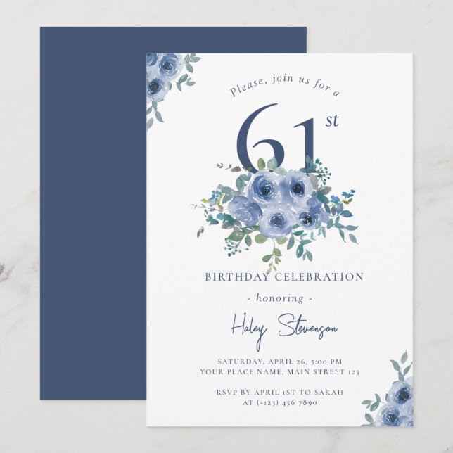 Invitation Aquarelle Bleu Dusty Floral 61e Anniversaire Chic (Devant / Derrière)