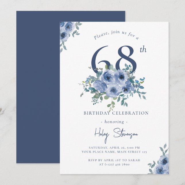 Invitation Aquarelle Bleu Dusty Floral 68e Anniversaire Chic (Devant / Derrière)