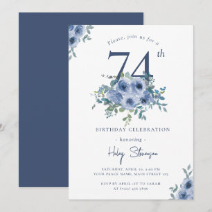 Invitation Aquarelle Bleu Dusty Floral 74e Anniversaire Chic
