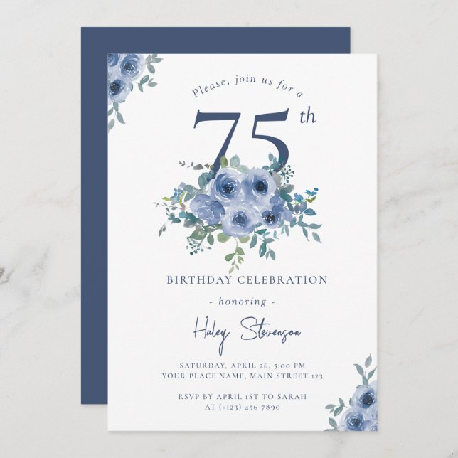 Invitation Aquarelle Bleu Dusty Floral 75e Anniversaire Chic (Devant / Derrière)