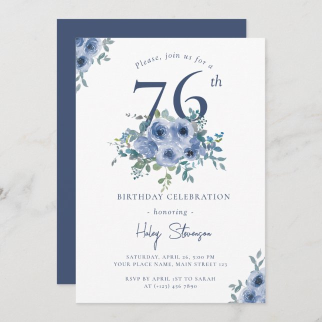 Invitation Aquarelle Bleu Dusty Floral 76e Anniversaire Chic (Devant / Derrière)