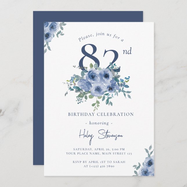Invitation Aquarelle Bleu Dusty Floral 82e Anniversaire Chic (Devant / Derrière)