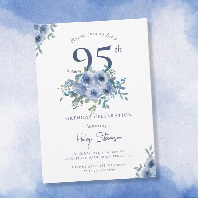 Invitation Aquarelle Bleu Dusty Floral 95e Anniversaire Chic (Créateur téléchargé)