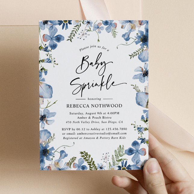 Invitation Aquarelle bleu Dusty Floral Baby Sprinky (Créateur téléchargé)