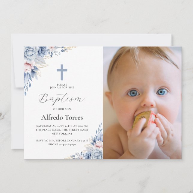 Invitation Aquarelle Bleu Dusty Floral Bébé Photo Baptême (Devant)