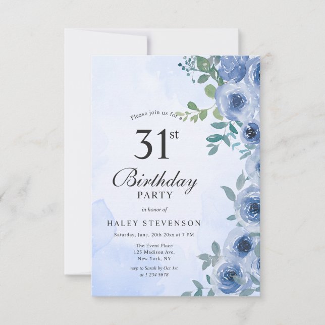 Invitation Aquarelle bleu Dusty Floral Chic 31e anniversaire (Devant)