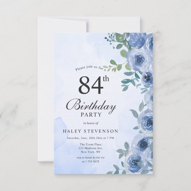 Invitation Aquarelle bleu Dusty Floral Chic 84e anniversaire (Devant)