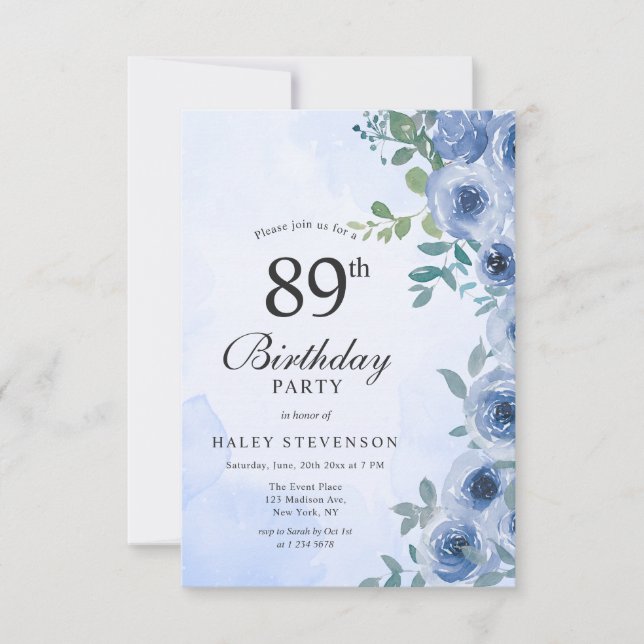 Invitation Aquarelle bleu Dusty Floral Chic 89e anniversaire (Devant)