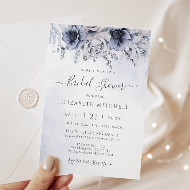 Invitation Aquarelle bleu Dusty Floral Elégante Fête des mari (Créateur téléchargé)