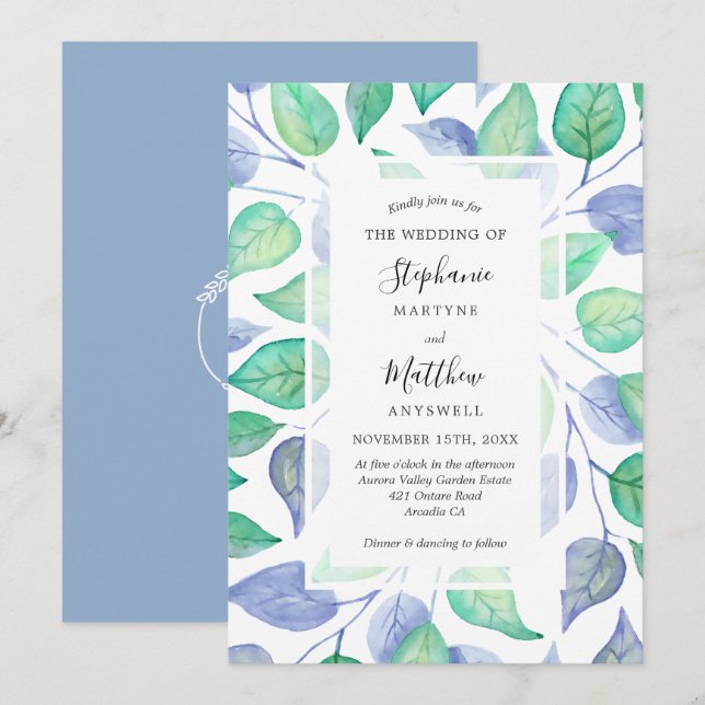 Invitation Aquarelle bleu Dusty Mariage de feuillage peint (Devant / Derrière)