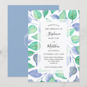 Invitation Aquarelle bleu Dusty Mariage de feuillage peint