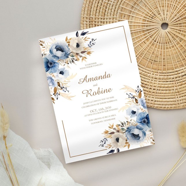 Invitation Aquarelle bleu Dusty Mariage Floral (Créateur téléchargé)