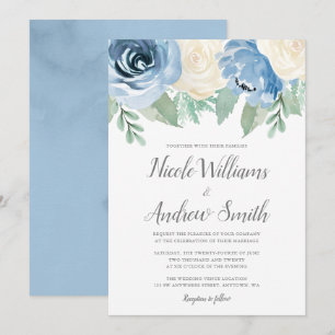 Invitation Aquarelle bleu Dusty Mariage Floral