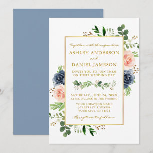 Invitation Aquarelle bleu Dusty Rose Mariage or