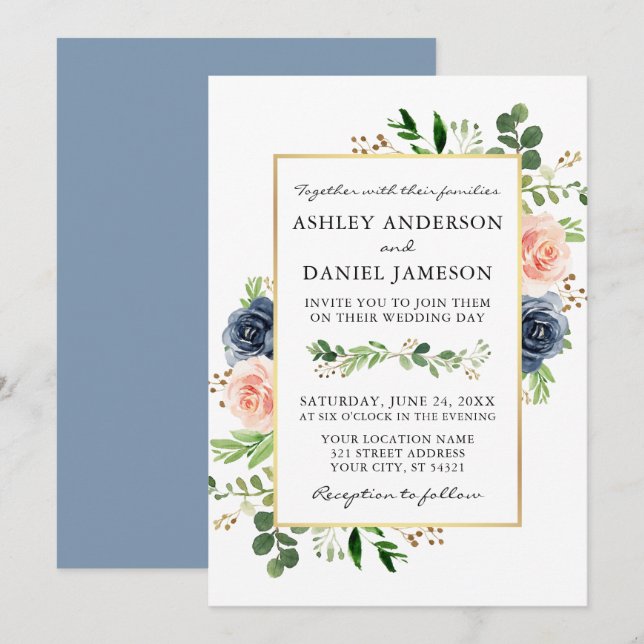 Invitation Aquarelle bleu Dusty Rose Mariage vert (Devant / Derrière)