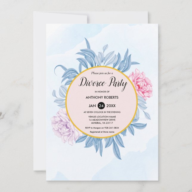 Invitation Aquarelle bleu Dusty Succulent Divorce Party (Devant)