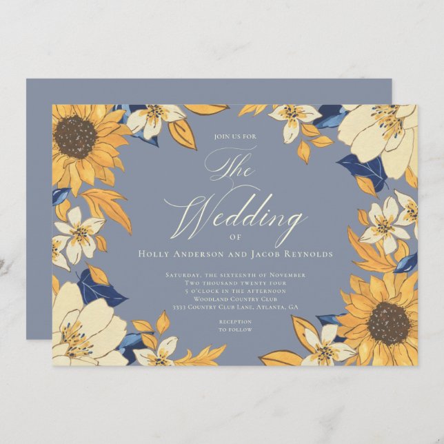 Invitation Aquarelle bleu Dusty Sunflower Script Mariage Inv (Devant / Derrière)