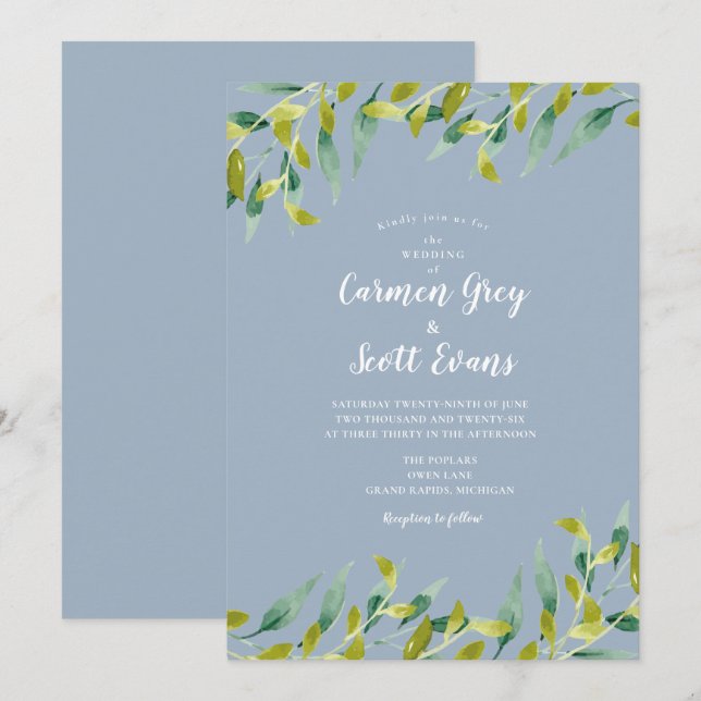 Invitation Aquarelle bleu Dusty Vert Eucalyptus Mariage (Devant / Derrière)
