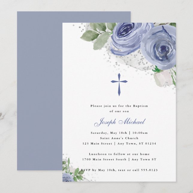Invitation Aquarelle bleu et argent Floral Baptême religieux (Devant / Derrière)