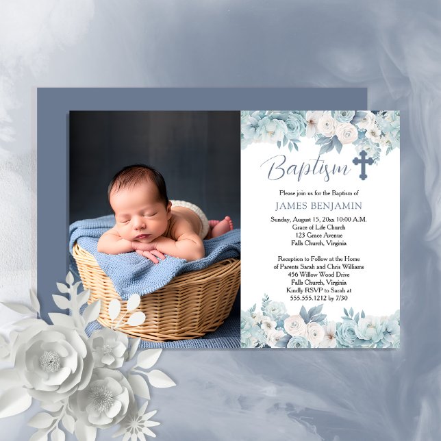Invitation Aquarelle bleu et blanc Floral Boy Photo Baptême (Créateur téléchargé)