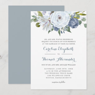 Invitation Aquarelle bleu et blanc Floral Mariage élégant