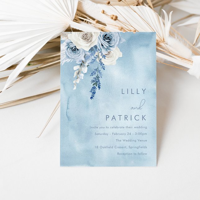 Invitation Aquarelle bleu et blanc Mariage floral (Créateur téléchargé)