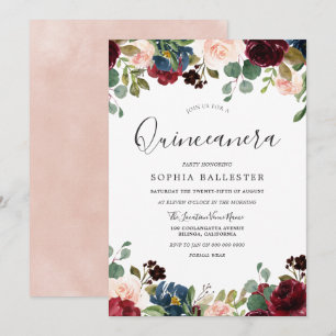 Invitation Aquarelle bleu et bordeaux Quinceanera