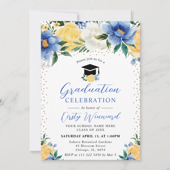 Invitation Aquarelle Bleu et Fleurs Jaunes Graduation (Devant)