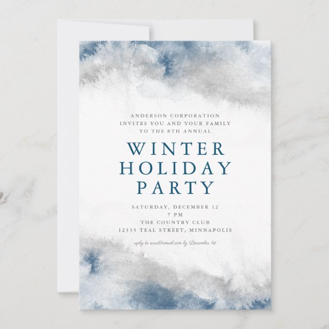 Invitation Aquarelle bleu et gris Fête d'hiver (Devant)
