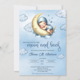 Invitation Aquarelle bleu et jaune lune et dos garçon