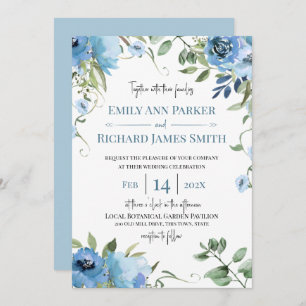 Invitation Aquarelle bleu et Mariage floral